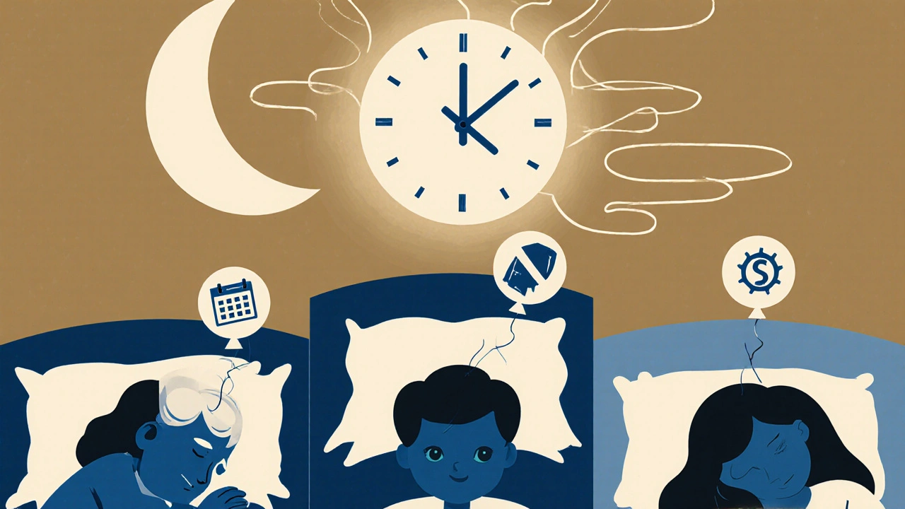 An elderly person sleeping under a moon-clock, with memory icons rising from others in sleep, in vintage poster style.