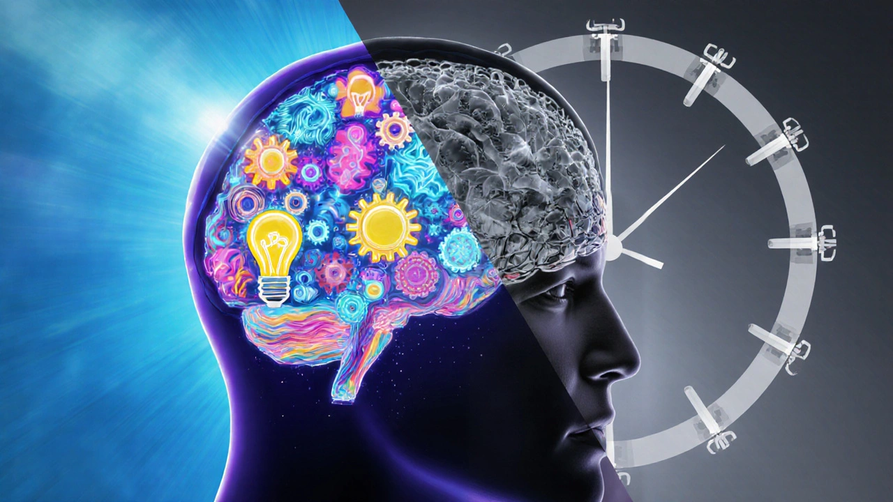 Brain split showing vibrant ideas on one side and faded connections on the other.