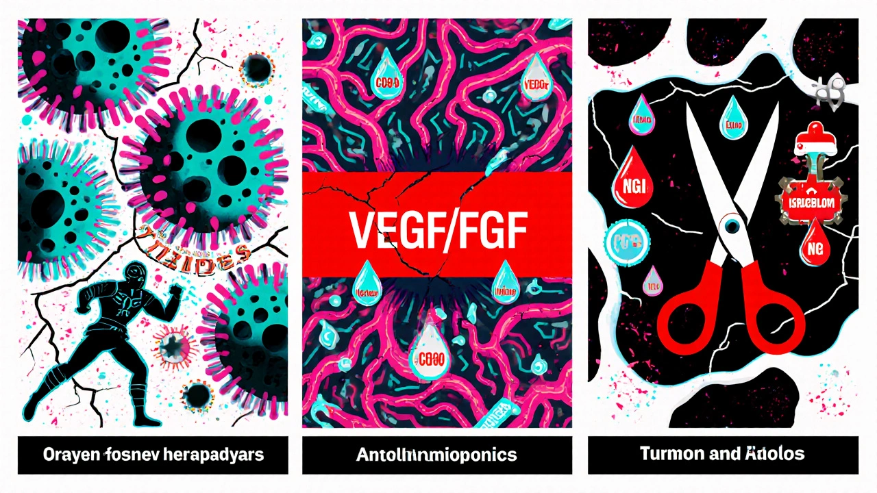 Cartoon shows immune cells, blocked vessels, and molecular scissors illustrating drug actions.