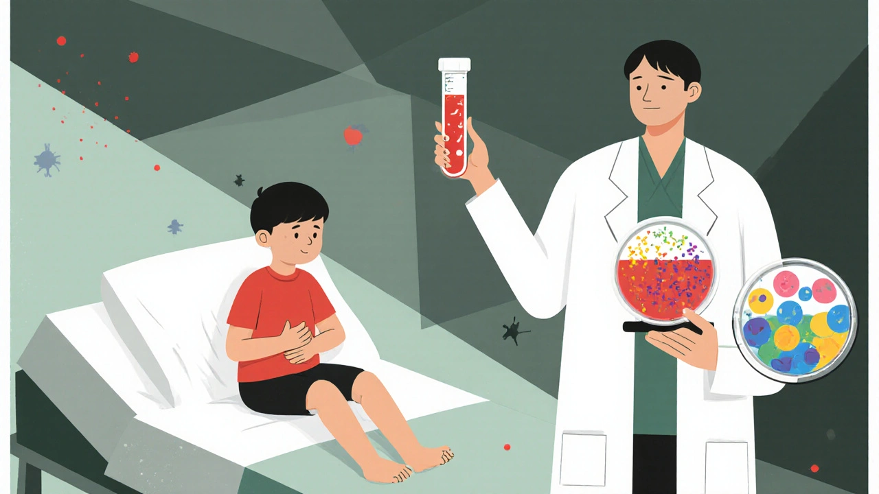 Child with stomach pain in hospital; doctor holds test tube and petri dish showing bacteria culture.