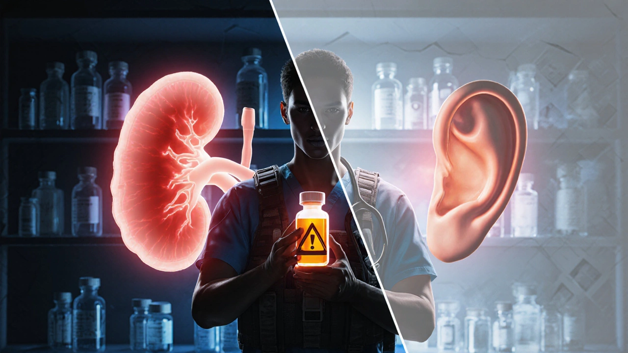 Clinician monitoring kidney and ear warnings while handling tobramycin.