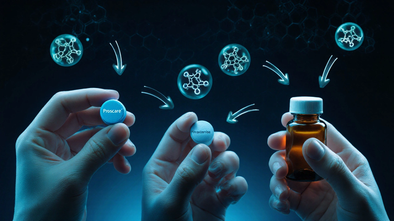 Close‑up of hands holding Proscare, generic finasteride, and dutasteride pills with floating DHT molecules.