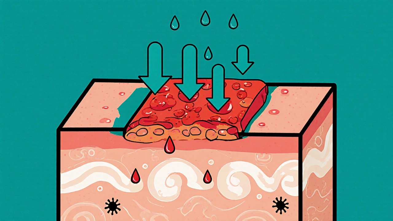 Cross‑section showing shrinking oil glands and smoother skin cells in bold poster colors.