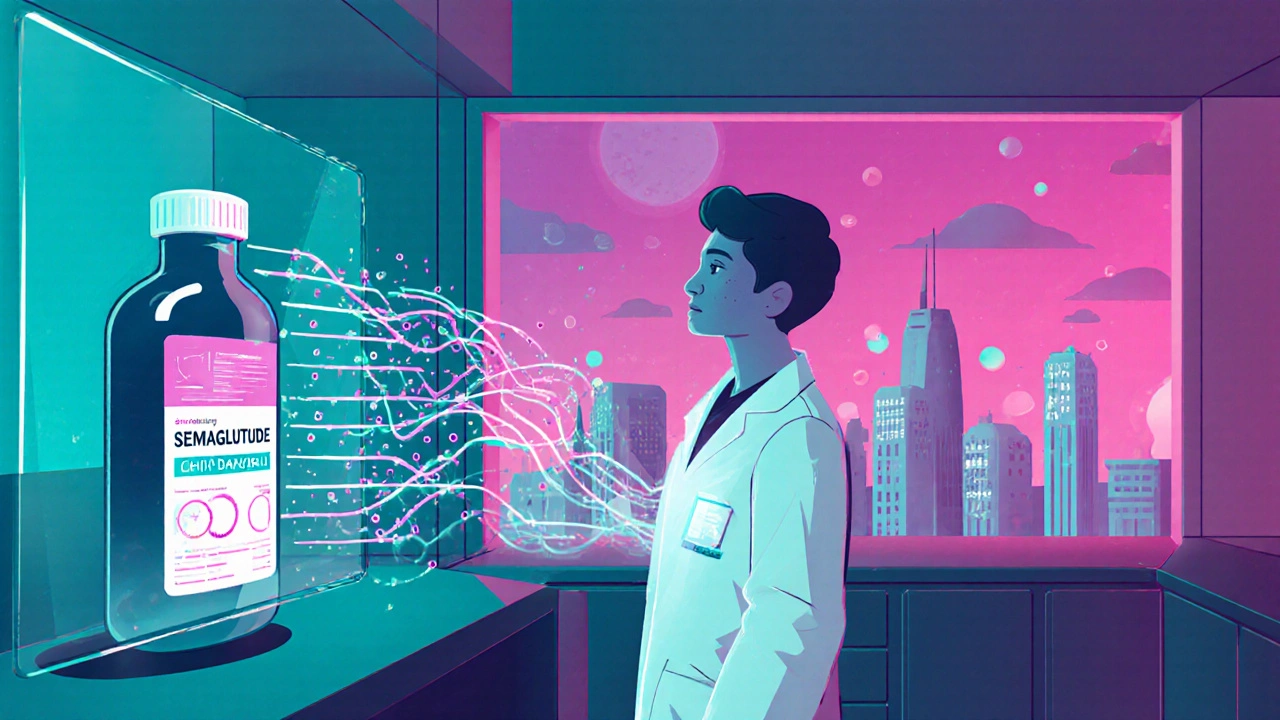 Doctor reviewing holographic real‑world data guiding semaglutide use, depicted in vibrant Polish poster illustration.