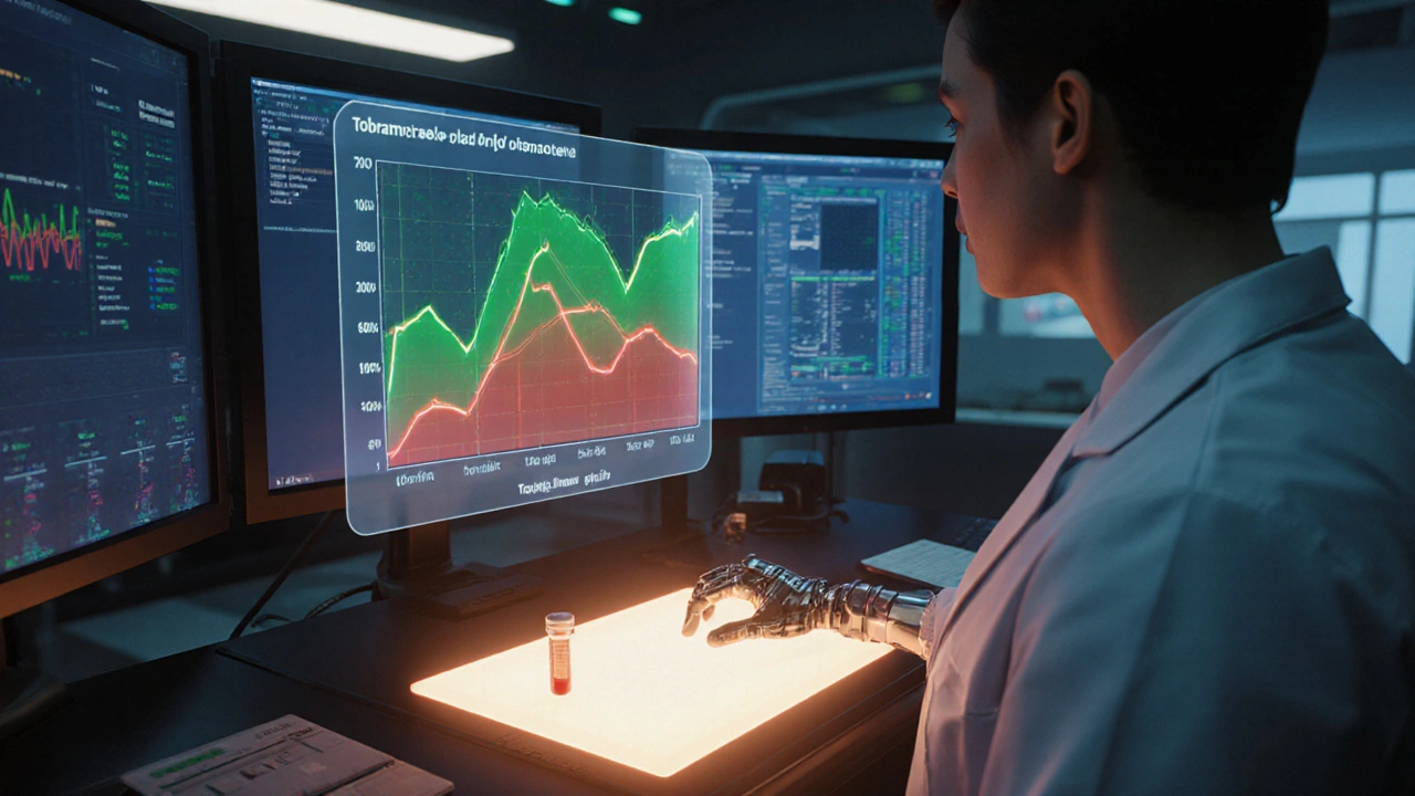Doctor reviewing holographic tobramycin TDM chart with blood sample.