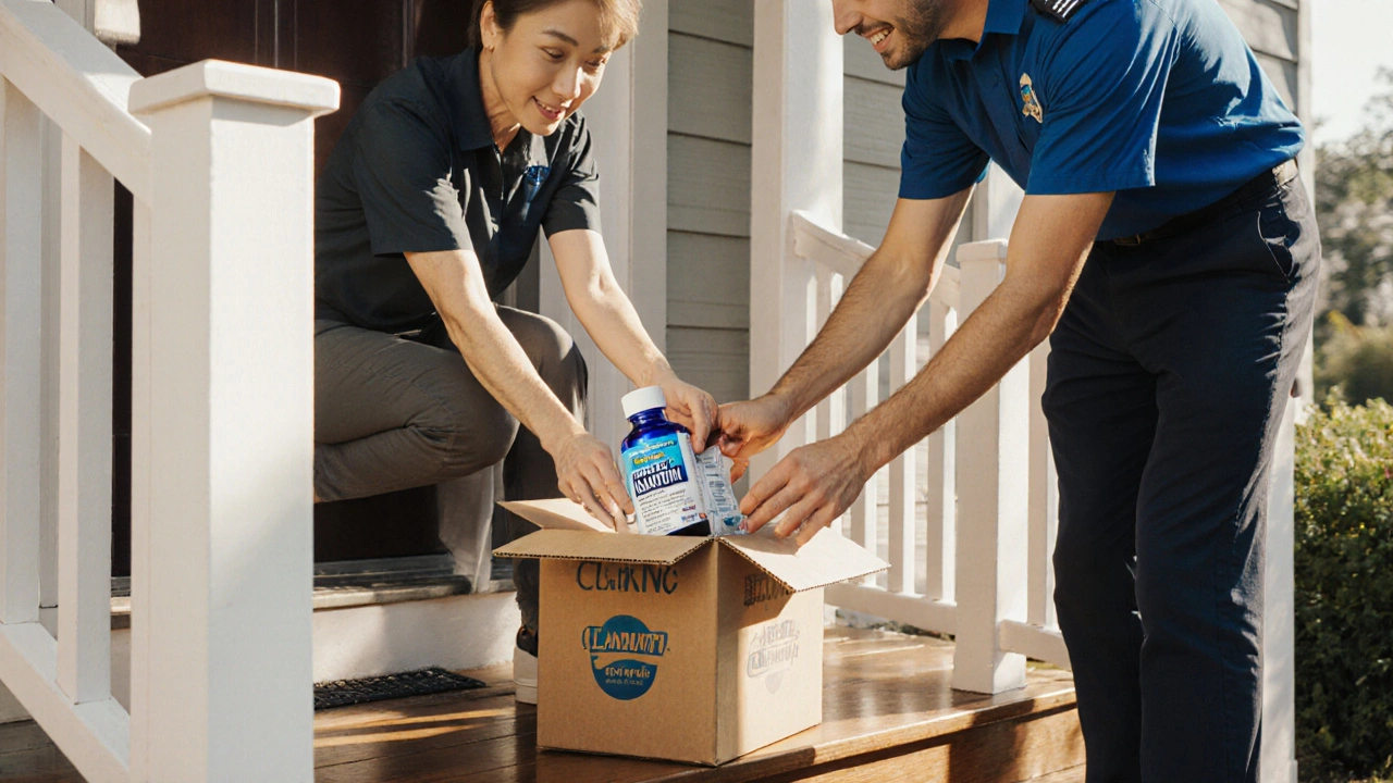 Doorstep box opened to reveal a sealed generic Claritin bottle, with a smiling person receiving it.