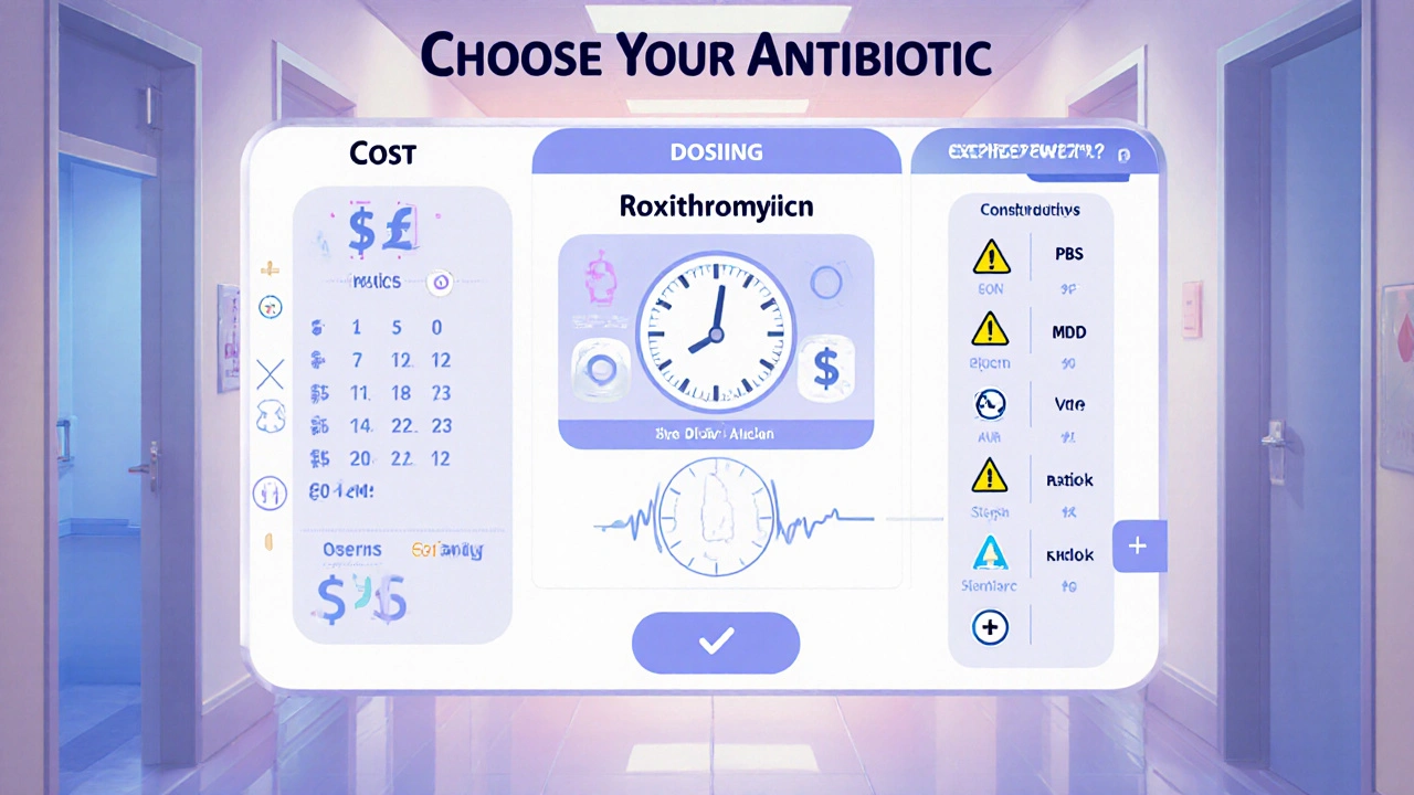 Game UI showing antibiotic choices with cost, dosing, and side‑effect panels.
