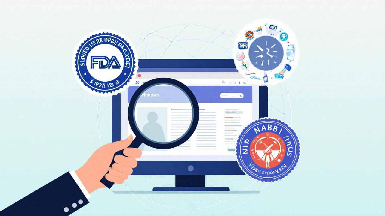 Hand with magnifying glass inspecting a website, surrounded by license, FDA, and NABP verification icons.