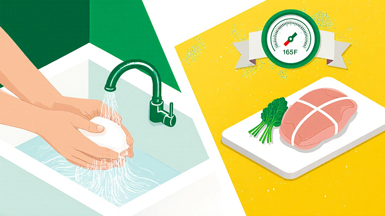 Hands washing, thermometer on chicken, and separate cutting boards promoting kitchen safety.