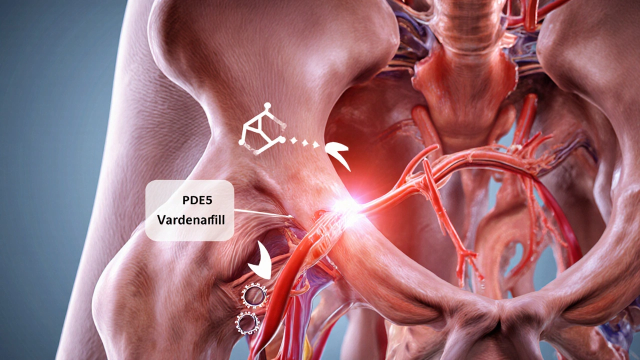Illustrated cross‑section of a penis showing blood vessels dilating as Vardenafil blocks PDE5.