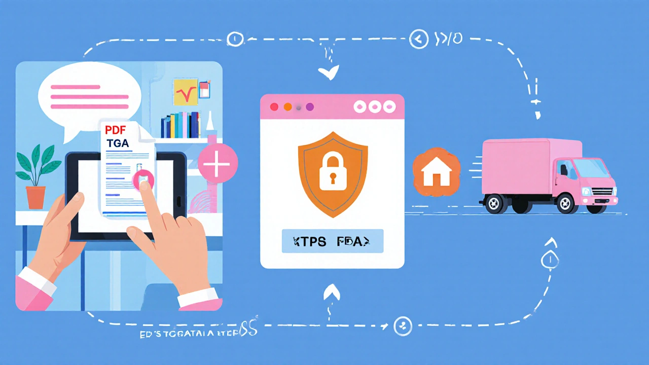 Illustrated workflow of uploading a prescription, verifying accreditation, and shipping delivery.