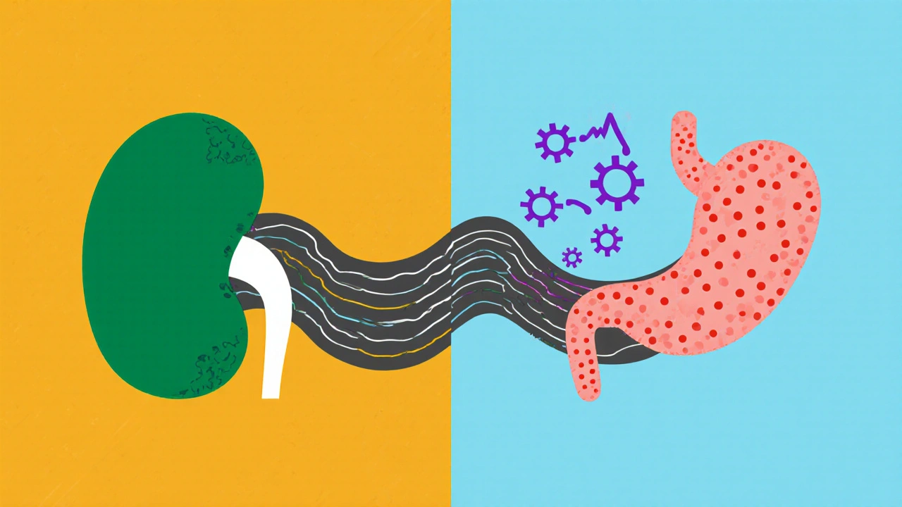 Illustration of kidneys and pancreas showing mefenamic acid's impact on renal flow and insulin release.