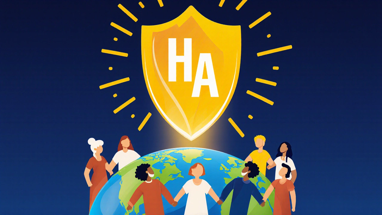 Image of universal flu vaccine shield protecting diverse people around Earth.