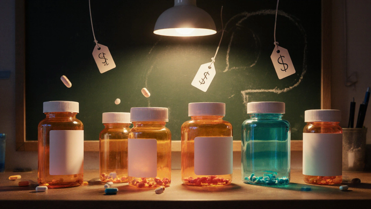 Lab bench displaying six different pill bottles, each with distinct colors, suggesting a drug comparison.