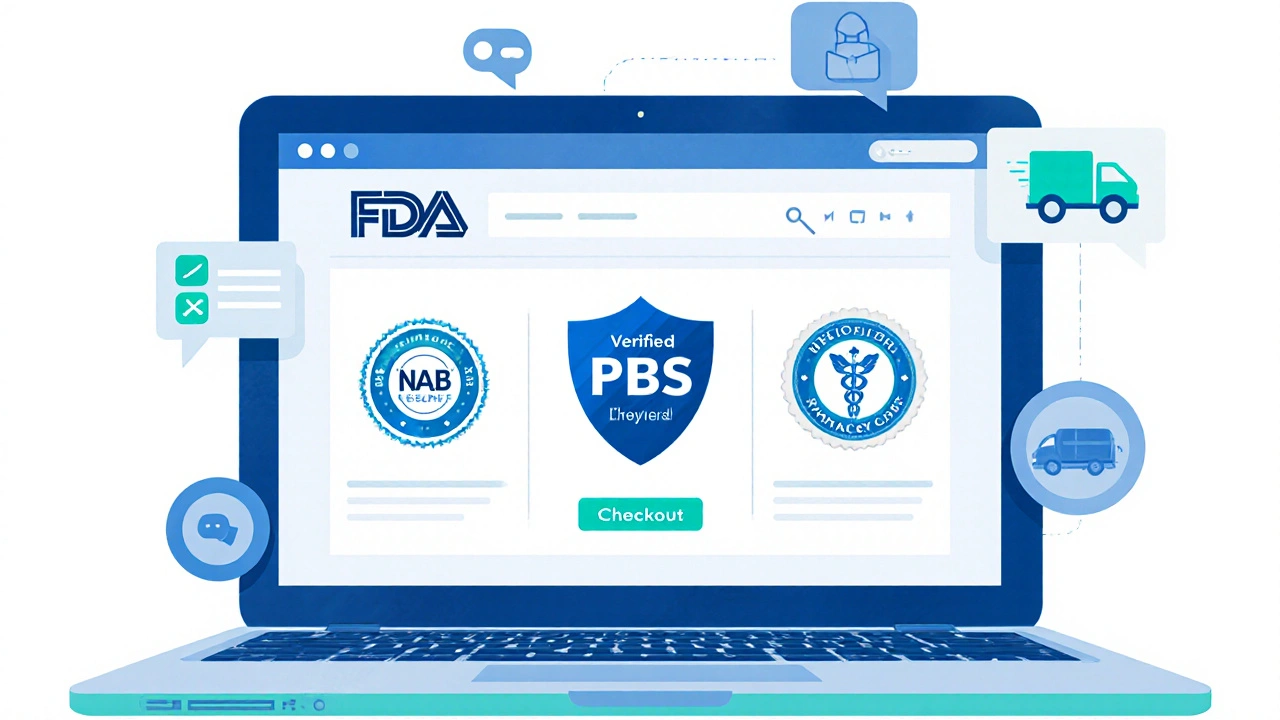 Laptop screen showing verified pharmacy dashboard with FDA, NABP, and VIPPS icons.