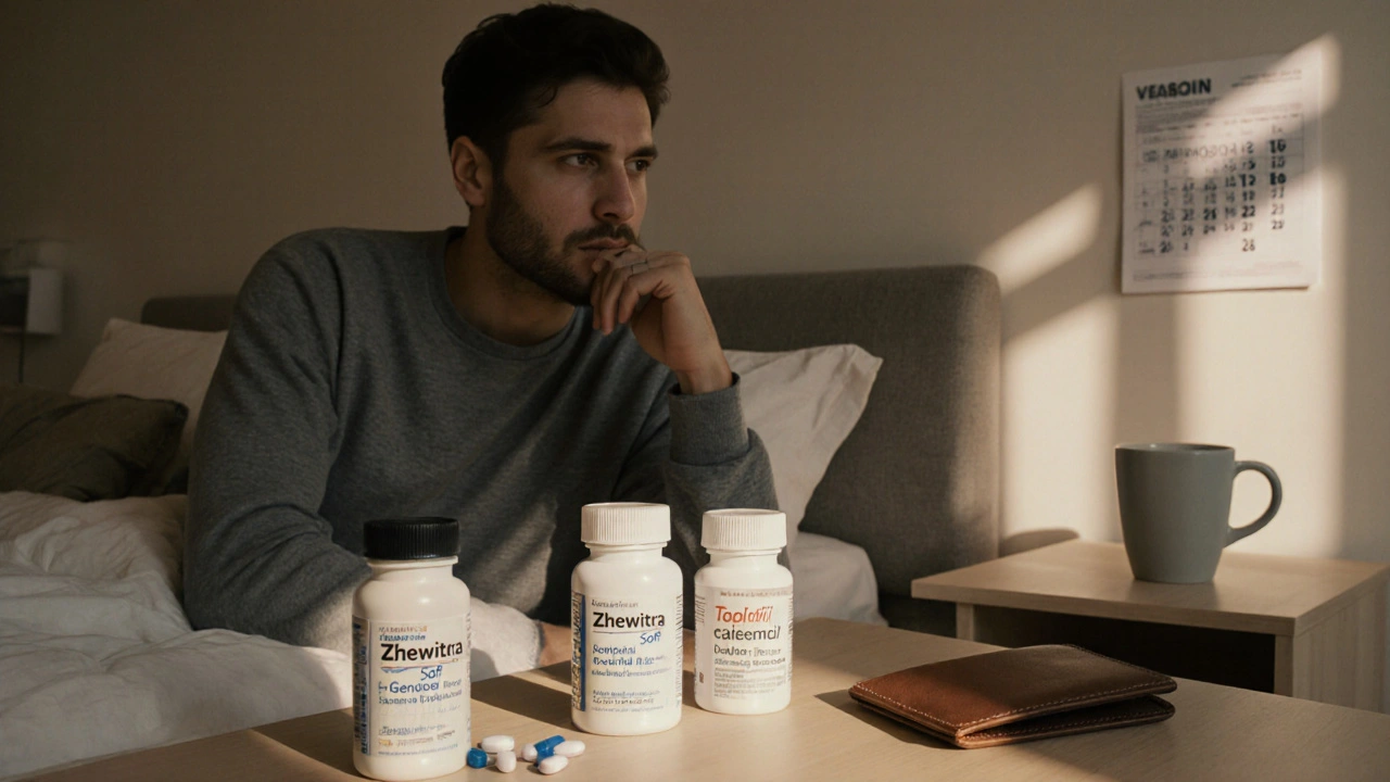 Man in bedroom contemplating three pill bottles on a bedside table with a calendar hinting at weekend plans.