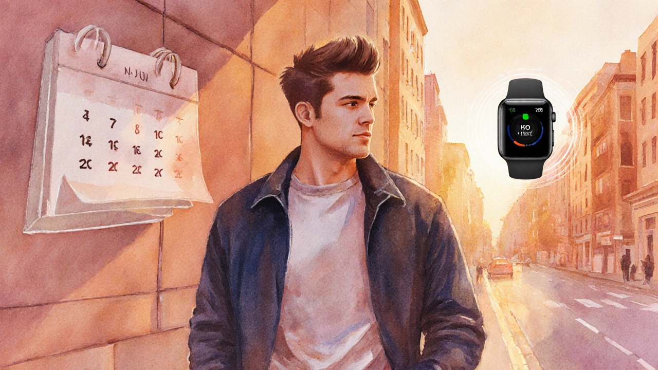 Man with full hair walking city street at sunset, hinting at treatment progress.