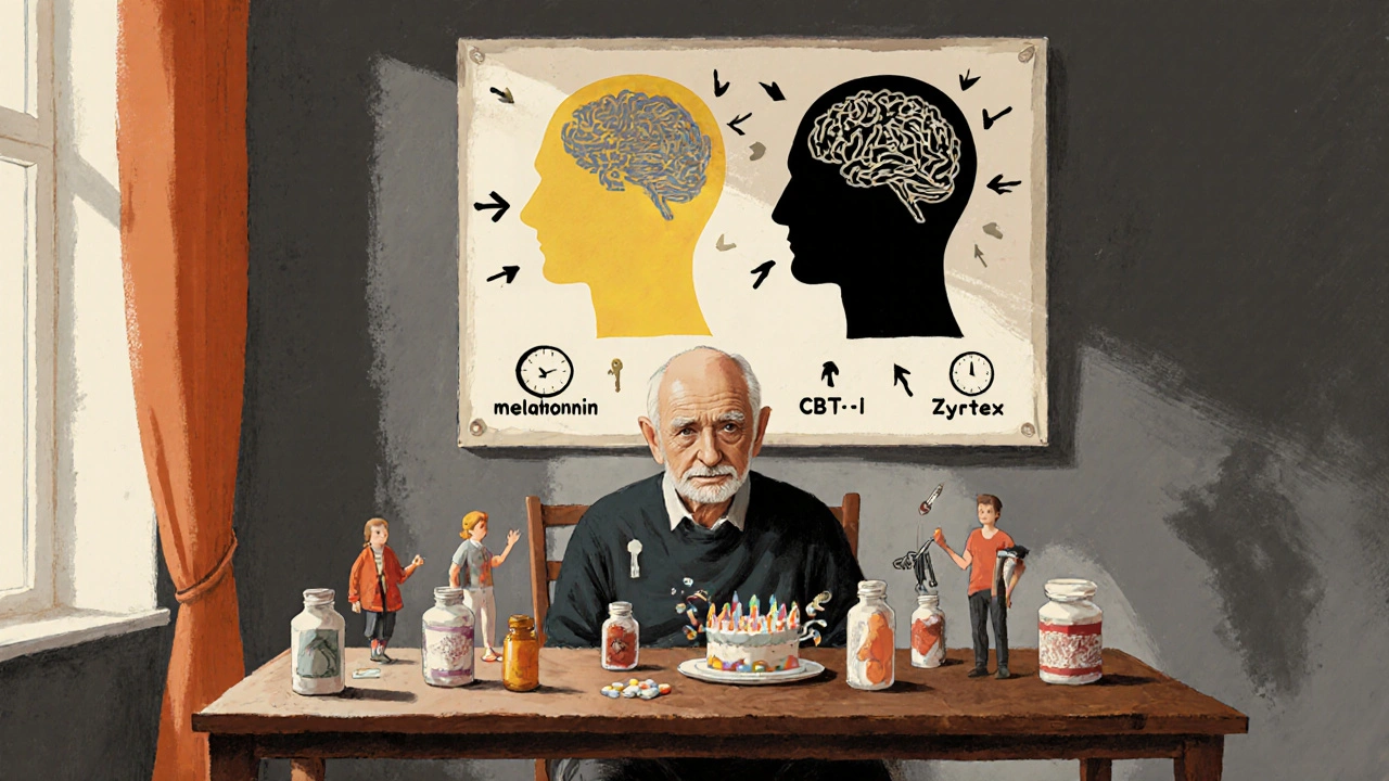 Older man at table as pill bottles turn into memory-stealing shadows, safer alternatives on wall.