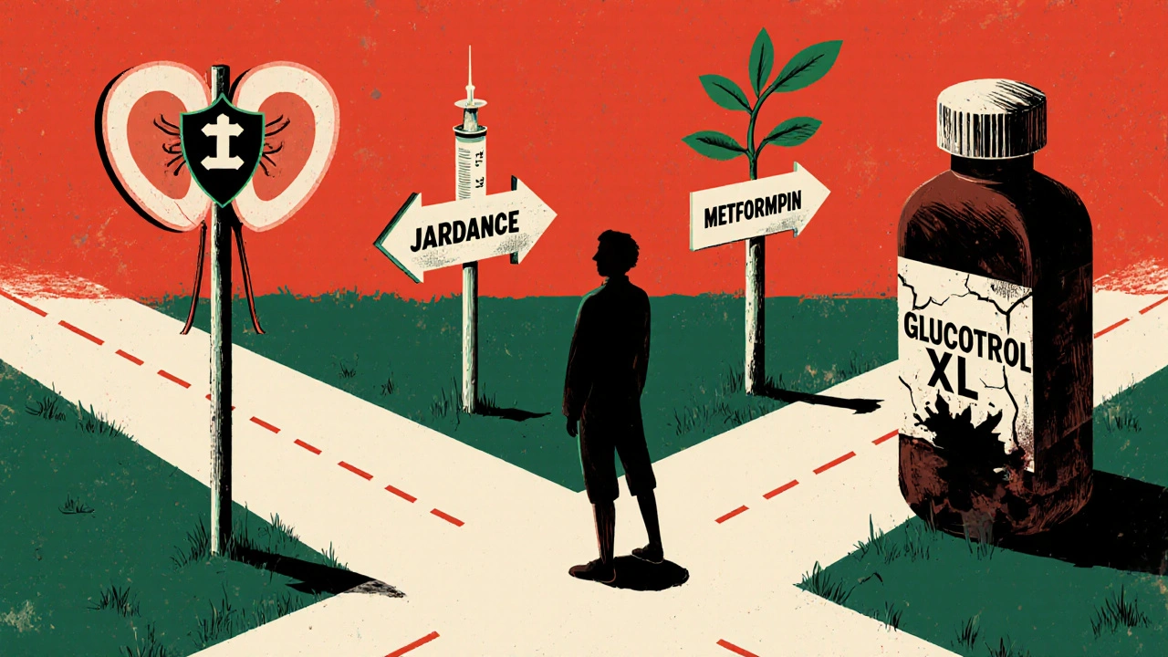 Person at a medical crossroads choosing between modern diabetes treatments and an outdated pill with crumbling effects.