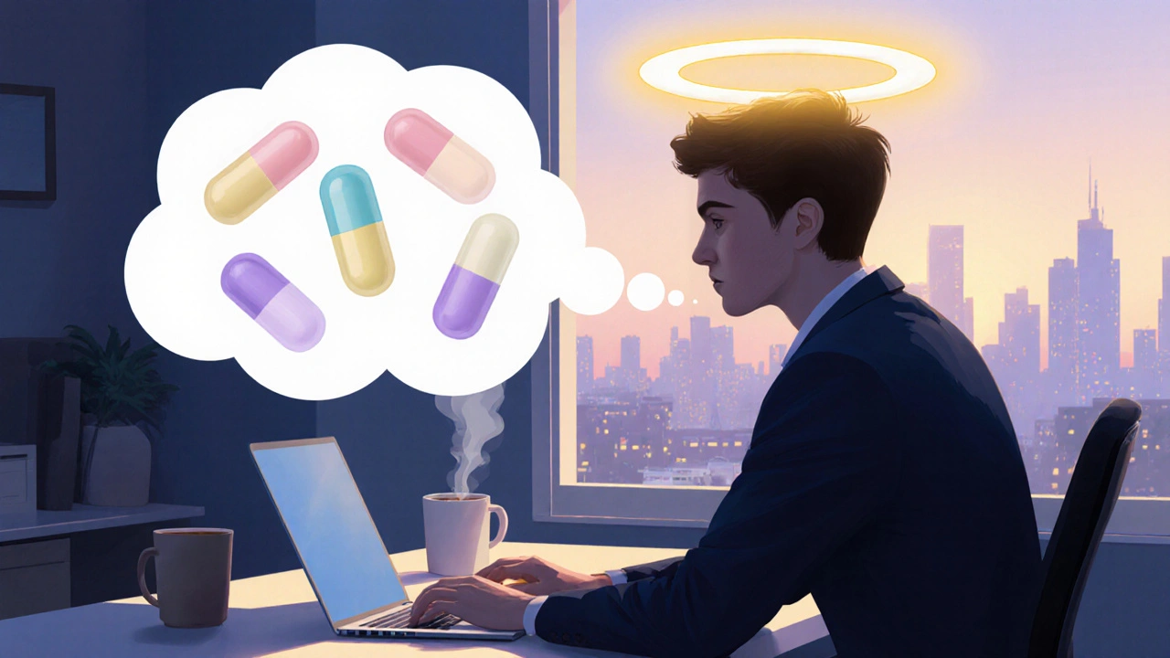 Person at a sunrise-lit desk, focused, with thought bubble showing various pill silhouettes.
