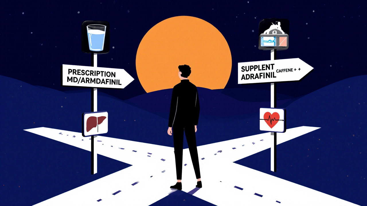 Person at crossroads with signs for prescription, supplement, and caffeine options.