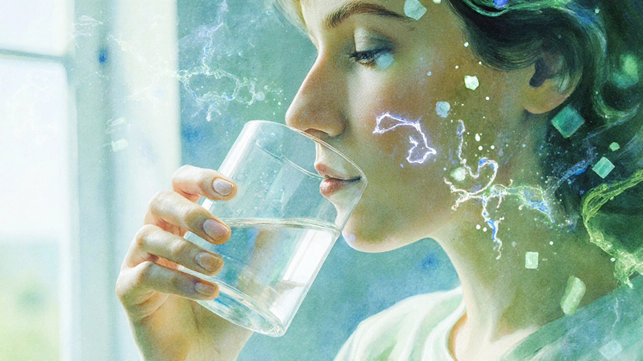 Person drinking water while holding a ciprofloxacin pill, overlaid with disrupted bacterial DNA.