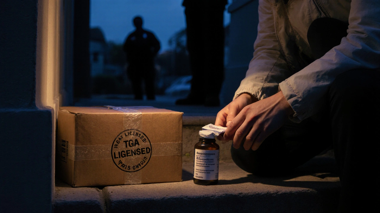 Person inspecting a sealed bupropion parcel at a porch, highlighting safety and compliance.