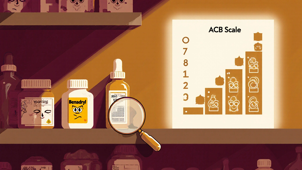 Pharmacy shelf with pill bottles showing confused faces, magnifying glass revealing hidden warning.