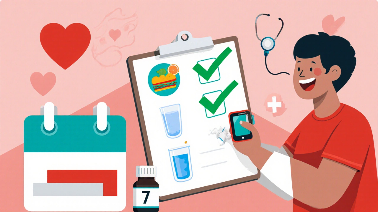 Poster of a nurse giving a checklist with food, water, glucose monitor and a mefenamic acid bottle.