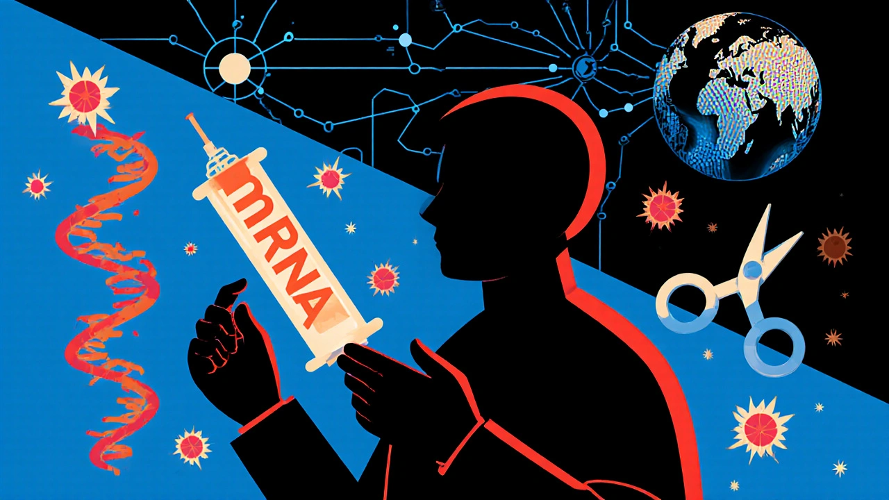Poster of lab with mRNA syringe, nanoparticles, CRISPR scissors, and AI network.