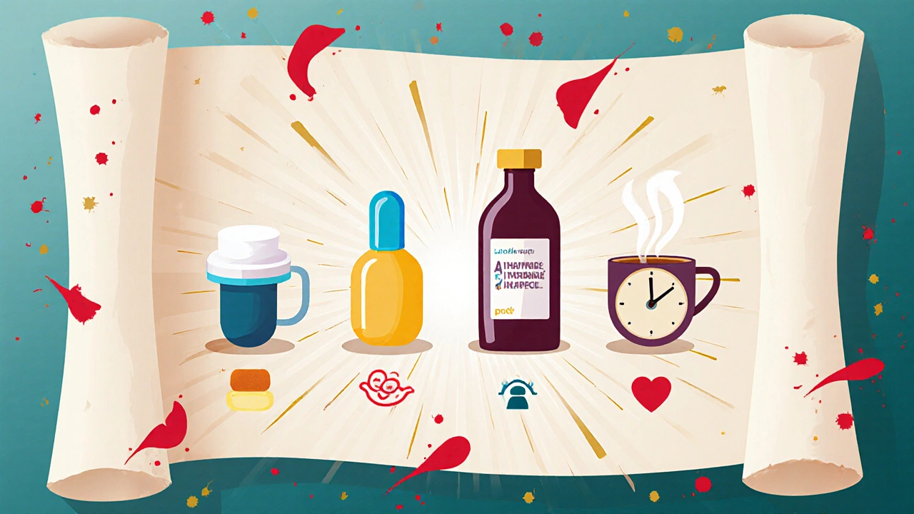Poster of Modafil MD, Armodafinil, Adrafinil, Ritalin, coffee and L‑theanine icons.