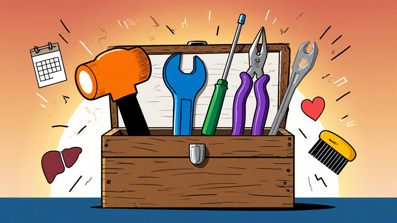 Poster‑style toolbox with hammer, screwdriver, wrench, and pliers representing acne meds.
