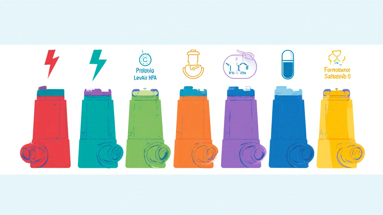 Row of inhalers and a pill, each with icons for onset speed and duration.