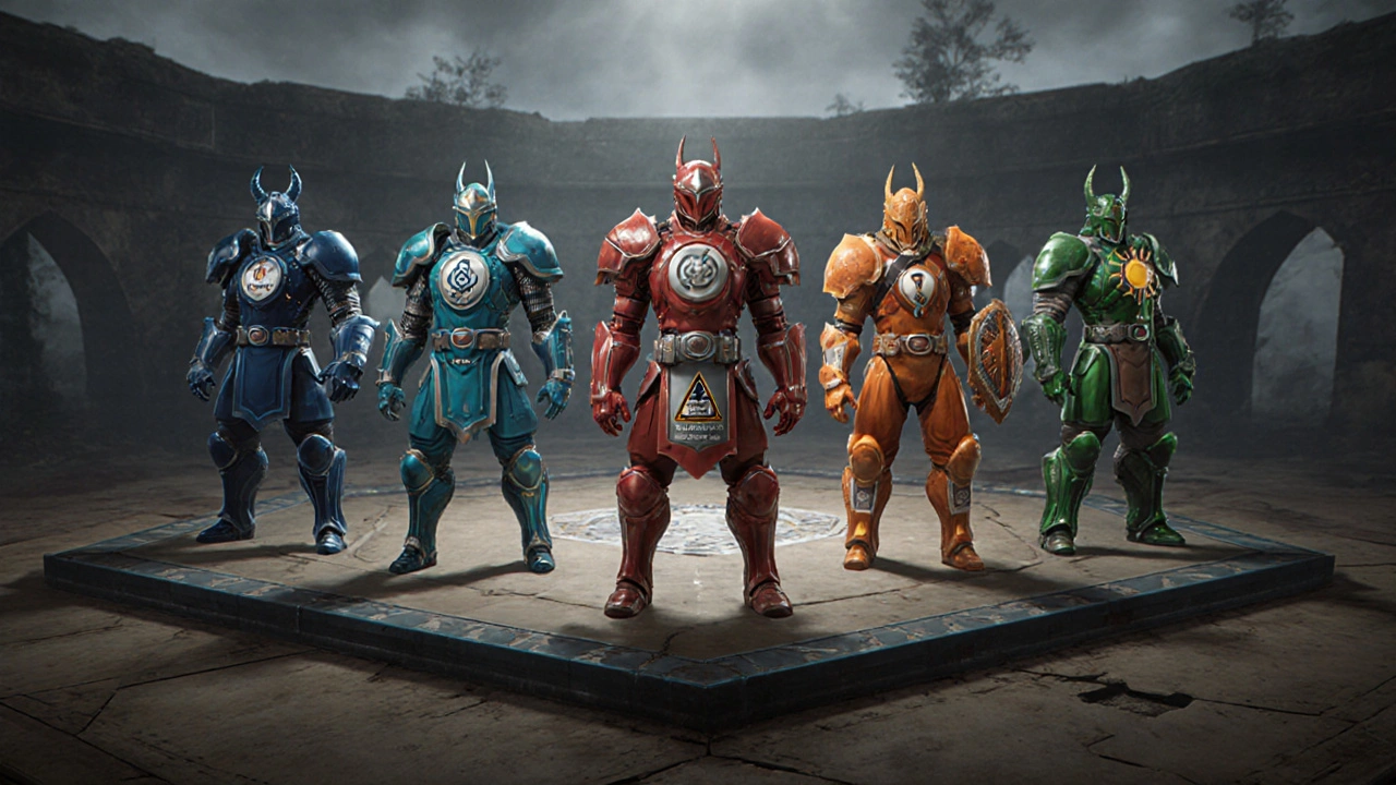 Six antibiotic characters in armor facing off, each labeled with its drug name.