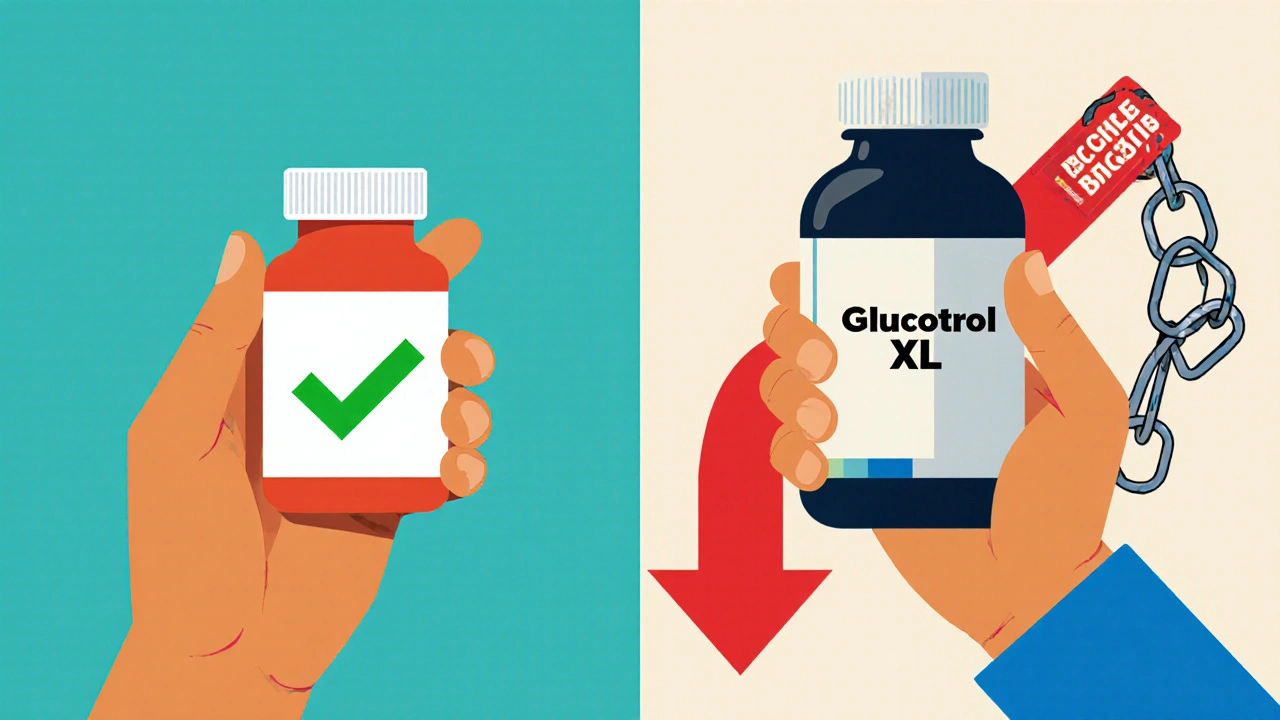 Split illustration comparing cheap metformin with expensive Glucotrol XL, showing health benefits versus risks.