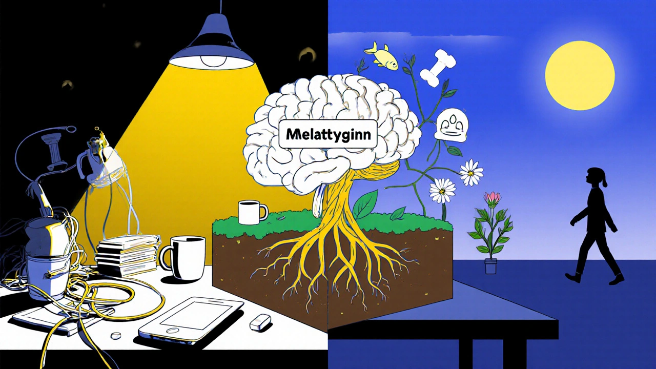Split image: chaotic night desk vs. calm morning desk, with a brain rooted in sleep hygiene and lifestyle symbols.