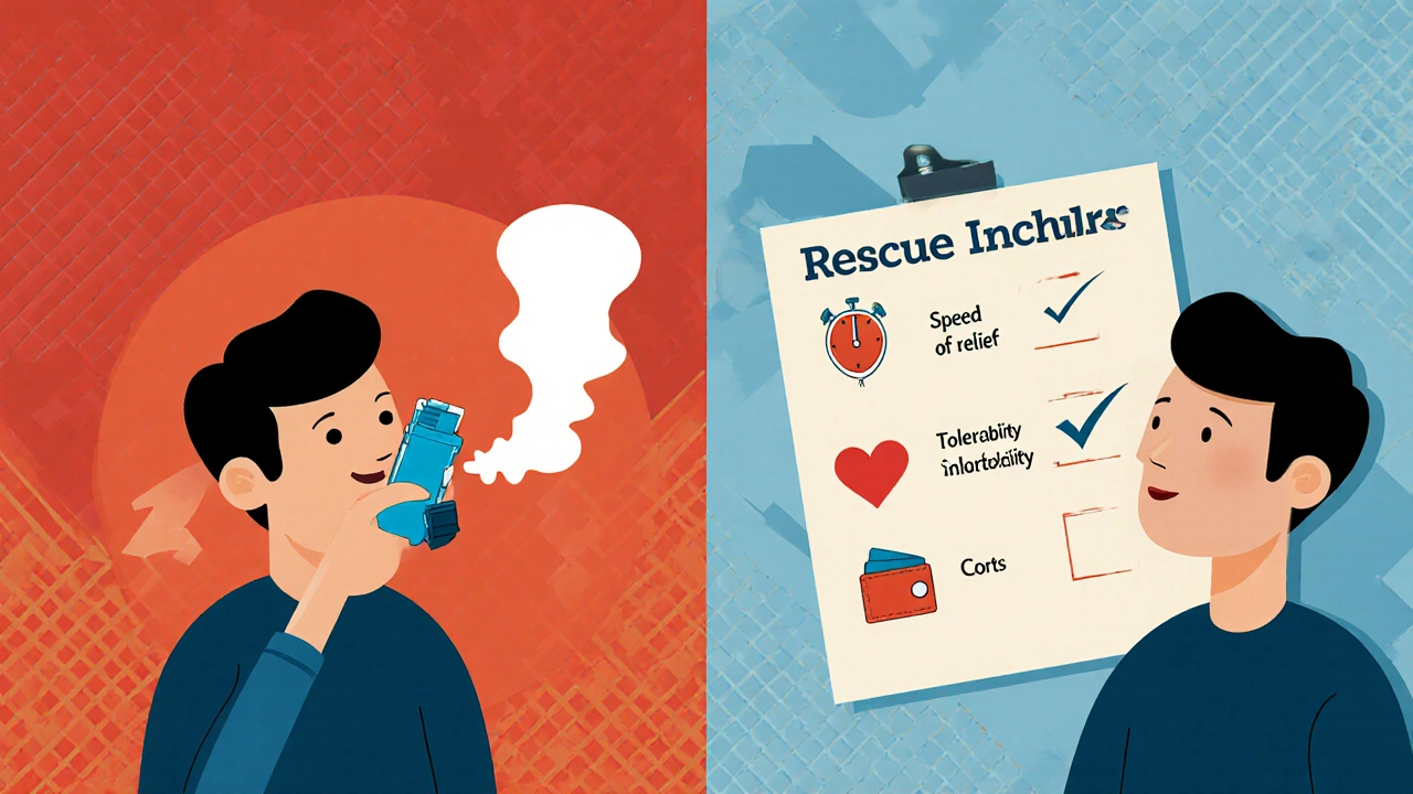 Split scene of correct inhaler use on left and decision factors icons on right.