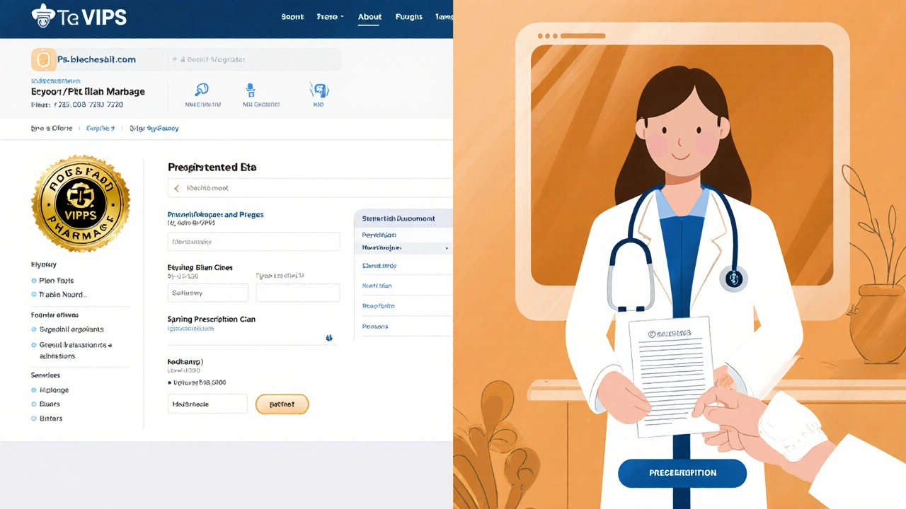 Split view of pharmacy website with VIPPS seal and telehealth doctor video.