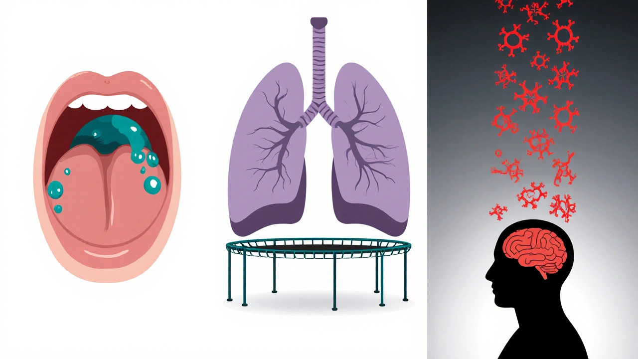 Three panels showing swollen throat, sagging lung trampoline, and red cytokine symbols affecting the brain.