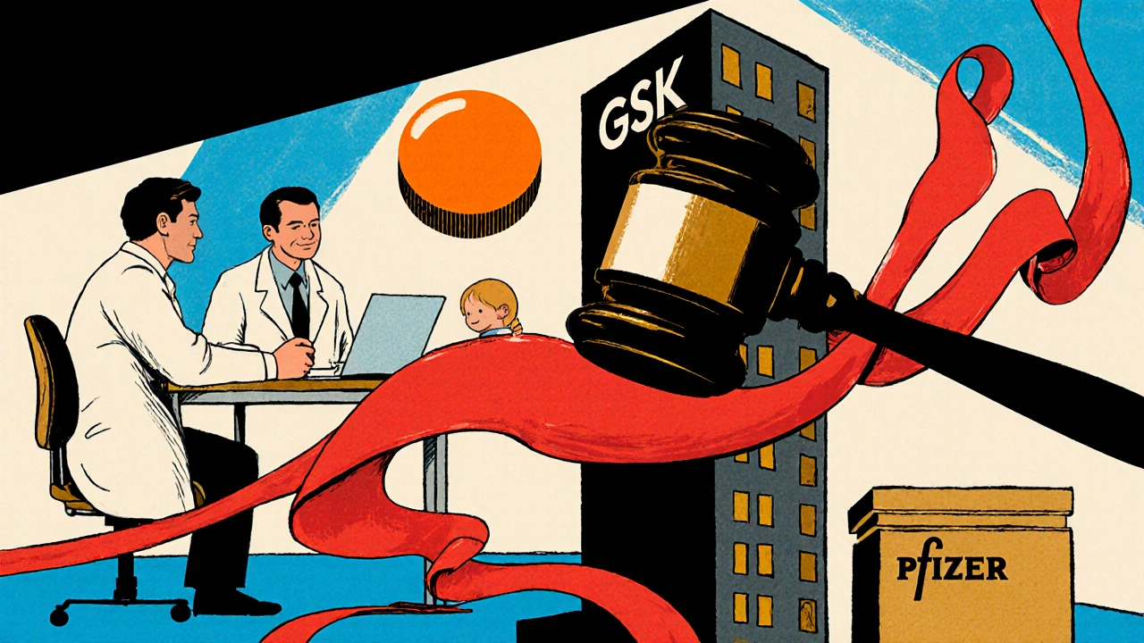 Three specialists prescribing the same tablet, with legal gavel and restrained pharma towers in cartoon poster art.