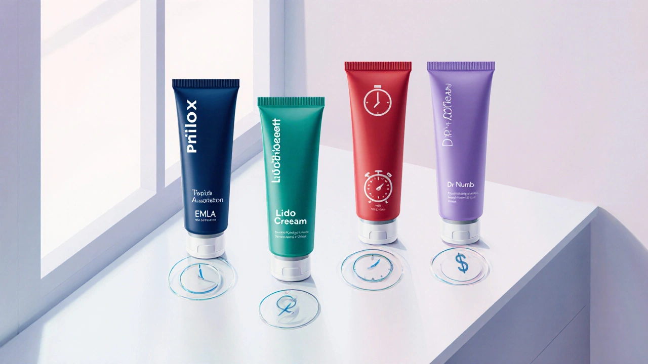 Top‑down view of five cream tubes with color‑coded caps on a clinic countertop.