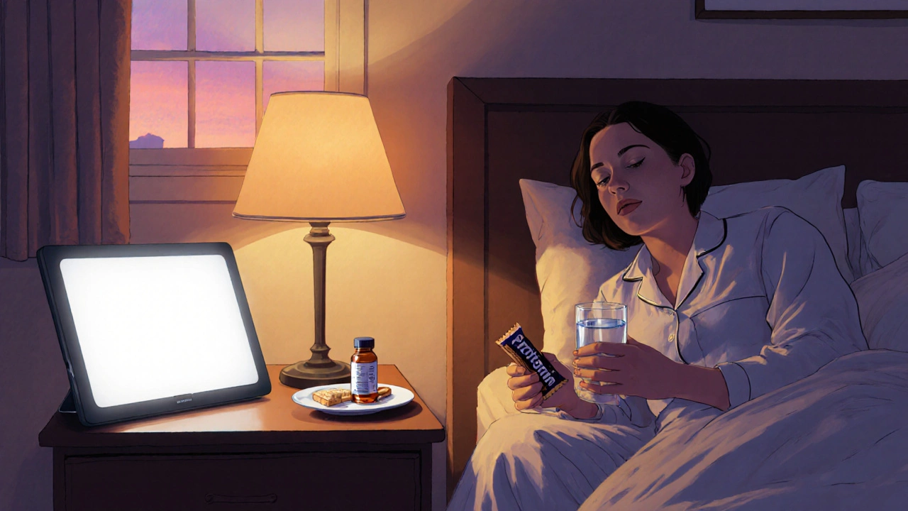 Worker in cozy room with light box, melatonin, and dawn light outside.