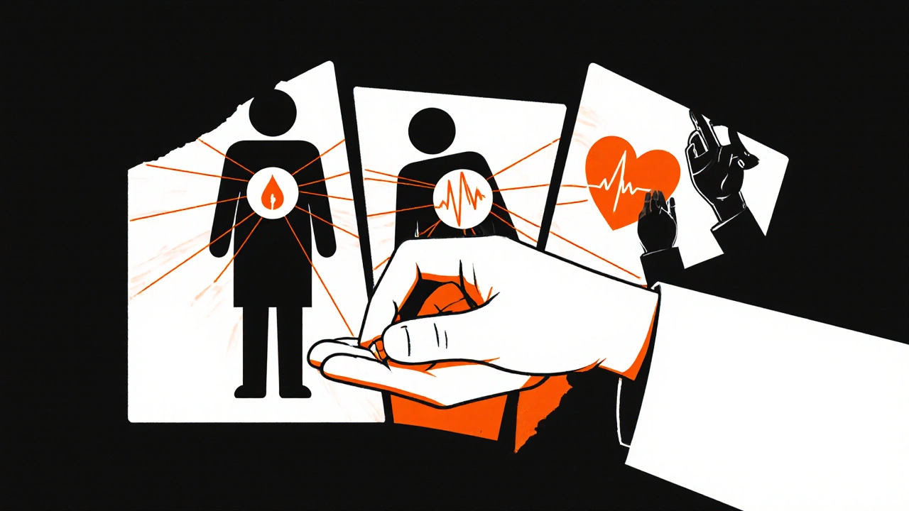 A doctor handing a pill to a patient, with three reflective versions showing stroke, bleeding, and healthy heartbeat.