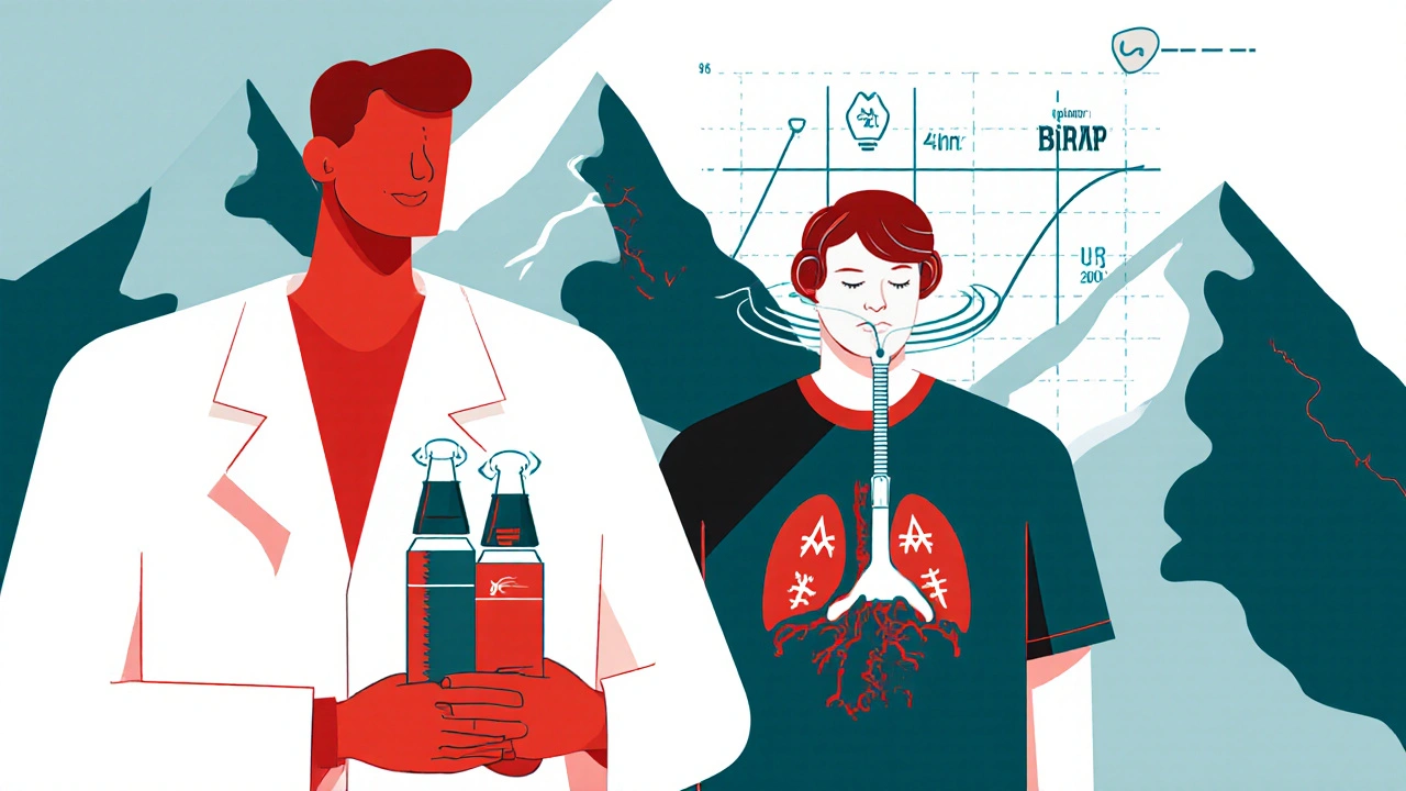 A doctor holding CPAP and BiPAP devices beside a patient with medical condition symbols, rendered in bold Polish poster art with abstract breathing graphs.