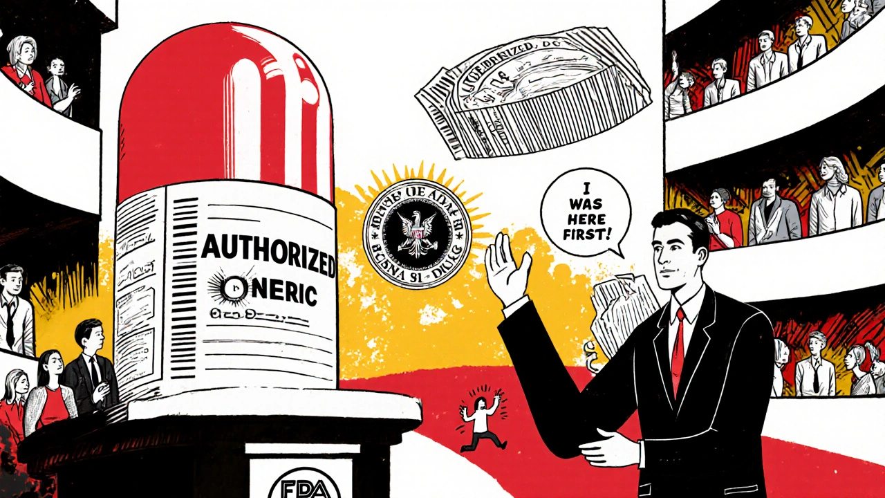 A giant pill on trial before a judge made of prescription pads, with generic and brand advocates arguing in symbolic poster style.