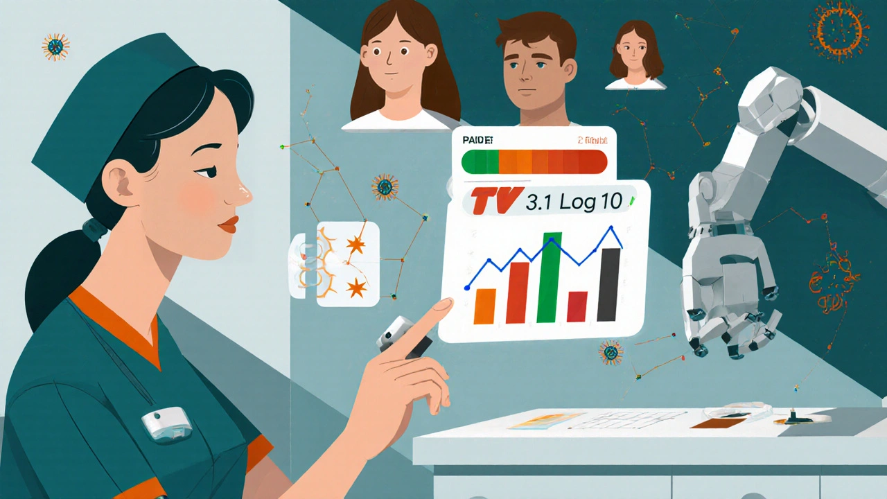 A nurse views a holographic TTV virus graph while patient avatars show immune status, in futuristic clinic with geometric poster design.
