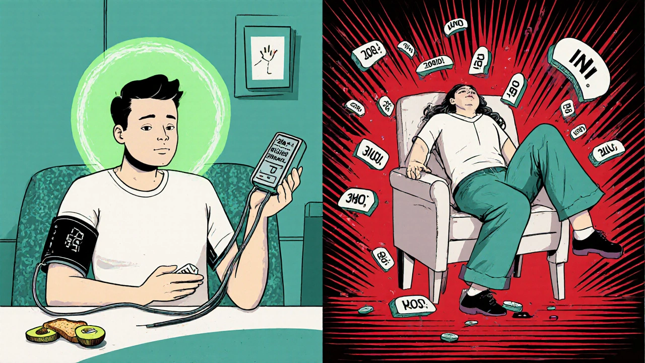 A patient monitoring blood pressure: one side calm and green, the other chaotic and red, showing effects of CoQ10 dosage differences.