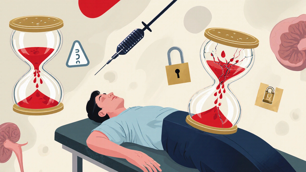 A patient on an operating table with hourglasses showing timing for stopping blood thinners before spinal anesthesia.