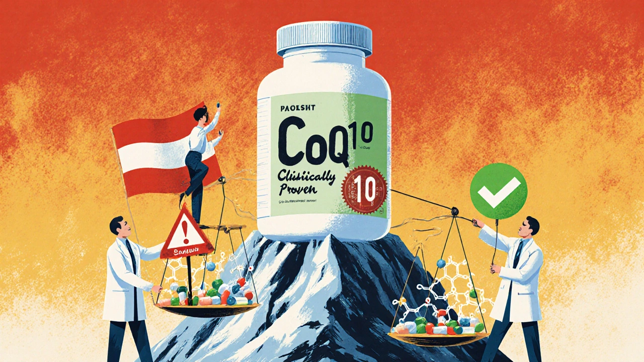 A person climbing a CoQ10 bottle toward a medical flag, with doctors balancing pills and warning symbols in poster-style art.