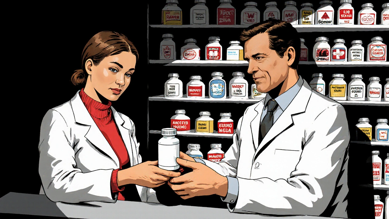 A pharmacist hands a patient a plain pill bottle while walls of drug bottles show branded, generic, and authorized versions.
